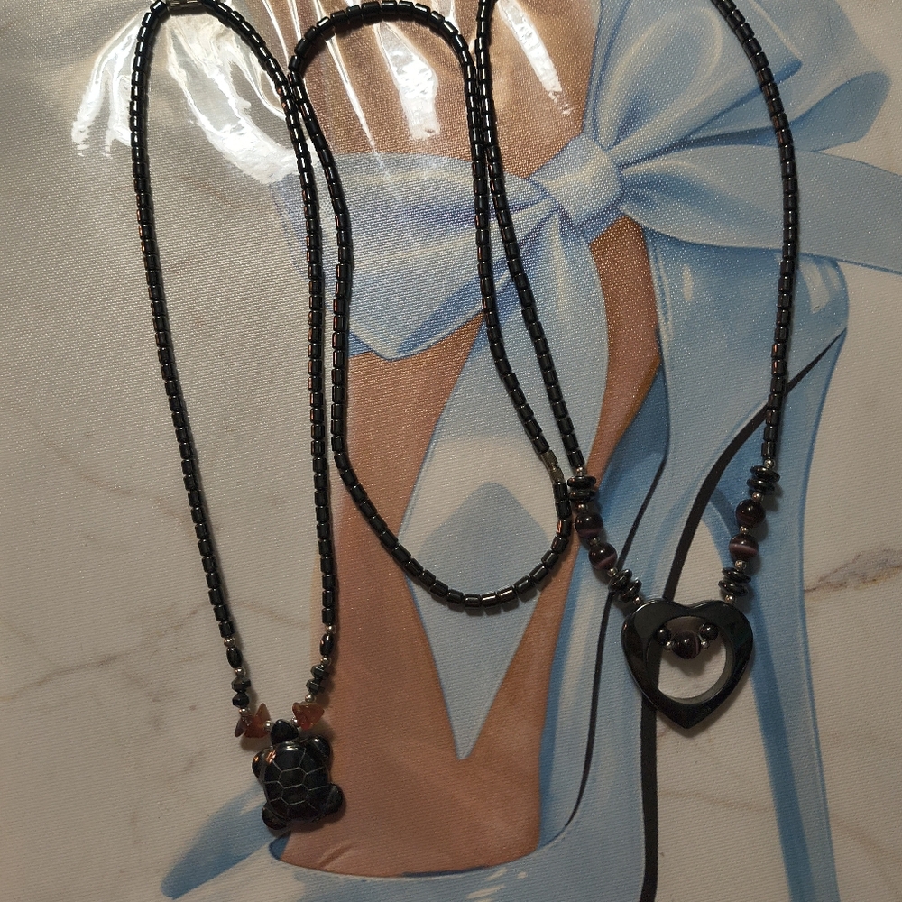 Necklaces Hematite Black Beaded Necklace Set Of Two. Choker. Turtle And Heart